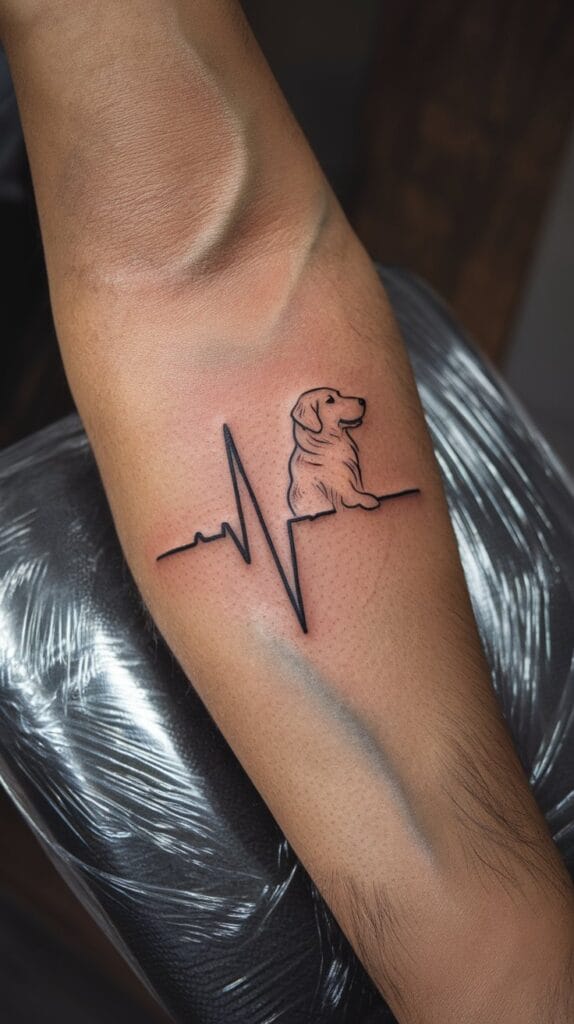 photograph of a forearm tattoo showing a heartbeat line with a golden retriever dog silhouette integrated at the peak, black ink on natural skin, the tattoo is healed and well-done, person's arm resting naturally, soft natural lighting, visible skin pores and texture, professional close-up photography, real tattoo not a mockup, 85mm portrait lens quality