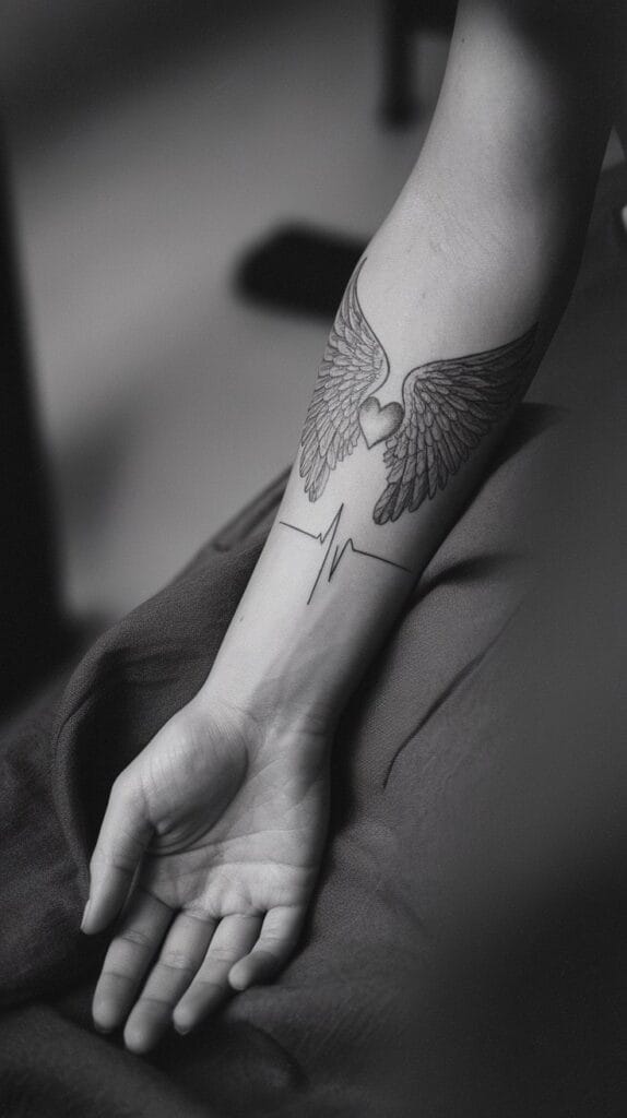 Emotional black and grey photograph of a heartbeat tattoo on an inner forearm with detailed angel wings spreading from the center of the heartbeat line, soft feather details, memorial style tattoo, person's hand resting peacefully, muted natural lighting, contemplative mood, photorealistic, slight grain for emotional depth, spiritual and peaceful atmosphere