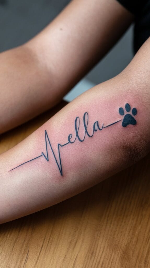 Detailed photograph of an actual forearm tattoo featuring a clean heartbeat line with a pet's name "Bella" written in elegant cursive script flowing beneath the EKG line, black ink on natural skin tone (fair to medium), the script font is readable but artistic with flowing letters, small paw print incorporated at the end of the heartbeat line, tattoo is fully healed showing crisp lines and good ink saturation, person's arm is resting naturally on a wooden table or neutral surface, wearing a rolled-up casual shirt sleeve, natural daylight from a window creating soft shadows, shot with 100mm macro lens showing fine details, visible skin texture and pores, real professional script tattoo work, the spacing and composition are balanced and aesthetically pleasing, warm and intimate mood, Canon 5D Mark IV photography quality, authentic personalized memorial tattoo