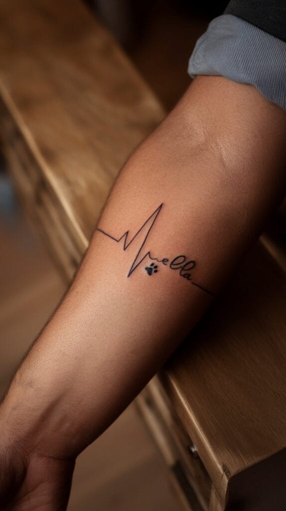 Detailed photograph of an actual forearm tattoo featuring a clean heartbeat line with a pet's name "Bella" written in elegant cursive script flowing beneath the EKG line, black ink on natural skin tone (fair to medium), the script font is readable but artistic with flowing letters, small paw print incorporated at the end of the heartbeat line, tattoo is fully healed showing crisp lines and good ink saturation, person's arm is resting naturally on a wooden table or neutral surface, wearing a rolled-up casual shirt sleeve, natural daylight from a window creating soft shadows, shot with 100mm macro lens showing fine details, visible skin texture and pores, real professional script tattoo work, the spacing and composition are balanced and aesthetically pleasing, warm and intimate mood, Canon 5D Mark IV photography quality, authentic personalized memorial tattoo