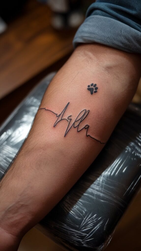 Detailed photograph of an actual forearm tattoo featuring a clean heartbeat line with a pet's name "Bella" written in elegant cursive script flowing beneath the EKG line, black ink on natural skin tone (fair to medium), the script font is readable but artistic with flowing letters, small paw print incorporated at the end of the heartbeat line, tattoo is fully healed showing crisp lines and good ink saturation, person's arm is resting naturally on a wooden table or neutral surface, wearing a rolled-up casual shirt sleeve, natural daylight from a window creating soft shadows, shot with 100mm macro lens showing fine details, visible skin texture and pores, real professional script tattoo work, the spacing and composition are balanced and aesthetically pleasing, warm and intimate mood, Canon 5D Mark IV photography quality, authentic personalized memorial tattoo