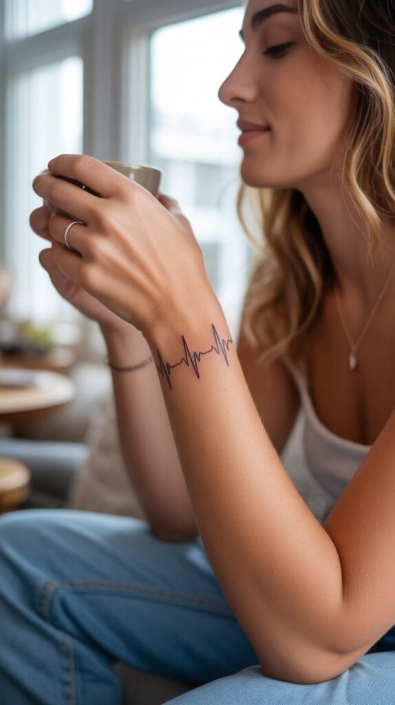Lifestyle photograph of a woman's wrist with a delicate heartbeat tattoo wrapping around it like a bracelet, she's holding a coffee cup, casual and natural pose, soft morning light coming through a window, cozy home setting, the tattoo appears as a continuous line circling the wrist, minimalist jewelry worn alongside, warm and intimate mood, focus on the wrist and tattoo