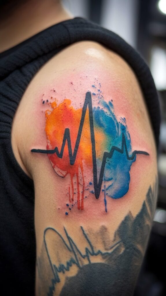 High-resolution photograph of a real watercolor heartbeat tattoo on someone's upper arm, black EKG line with vibrant orange and blue watercolor splashes around it, fresh tattoo with slight skin redness, professional tattoo shop lighting, actual ink on real skin, visible tattoo texture and watercolor bleed effect, Canon EOS R5 quality, macro photography detail, authentic tattoo work
