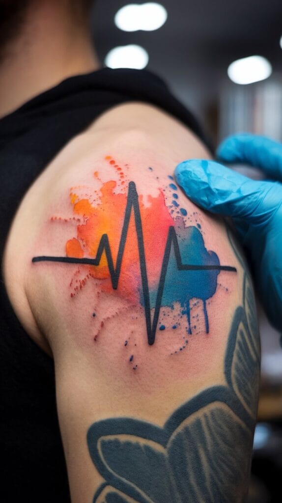 High-resolution photograph of a real watercolor heartbeat tattoo on someone's upper arm, black EKG line with vibrant orange and blue watercolor splashes around it, fresh tattoo with slight skin redness, professional tattoo shop lighting, actual ink on real skin, visible tattoo texture and watercolor bleed effect, Canon EOS R5 quality, macro photography detail, authentic tattoo work

