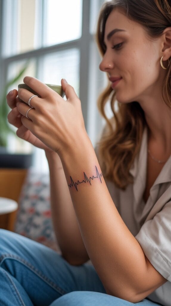 Lifestyle photograph of a woman's wrist with a delicate heartbeat tattoo wrapping around it like a bracelet, she's holding a coffee cup, casual and natural pose, soft morning light coming through a window, cozy home setting, the tattoo appears as a continuous line circling the wrist, minimalist jewelry worn alongside, warm and intimate mood, focus on the wrist and tattoo
