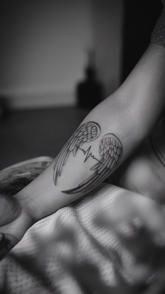 Emotional black and grey photograph of a heartbeat tattoo on an inner forearm with detailed angel wings spreading from the center of the heartbeat line, soft feather details, memorial style tattoo, person's hand resting peacefully, muted natural lighting, contemplative mood, photorealistic, slight grain for emotional depth, spiritual and peaceful atmosphere