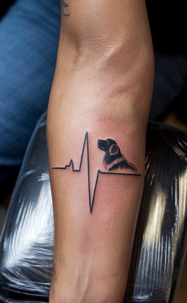 photograph of a forearm tattoo showing a heartbeat line with a golden retriever dog silhouette integrated at the peak, black ink on natural skin, the tattoo is healed and well-done, person's arm resting naturally, soft natural lighting, visible skin pores and texture, professional close-up photography, real tattoo not a mockup, 85mm portrait lens quality