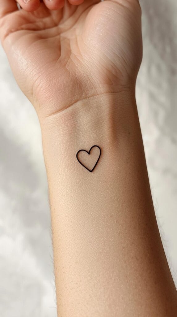 Tiny black outline heart tattoo on inner wrist, natural skin texture, soft-focus background, minimalist aesthetic.