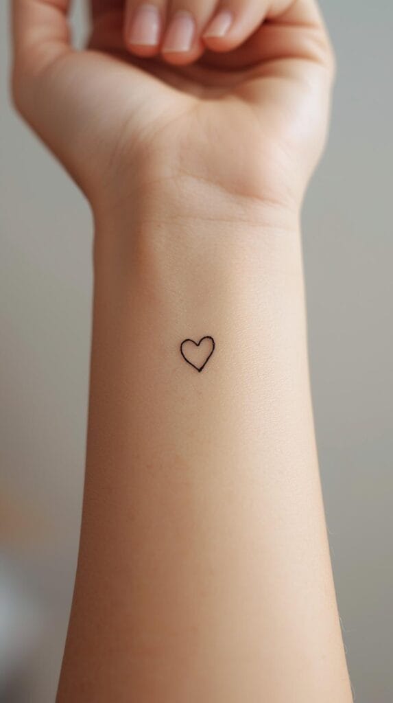 Tiny black outline heart tattoo on inner wrist, natural skin texture, soft-focus background, minimalist aesthetic.