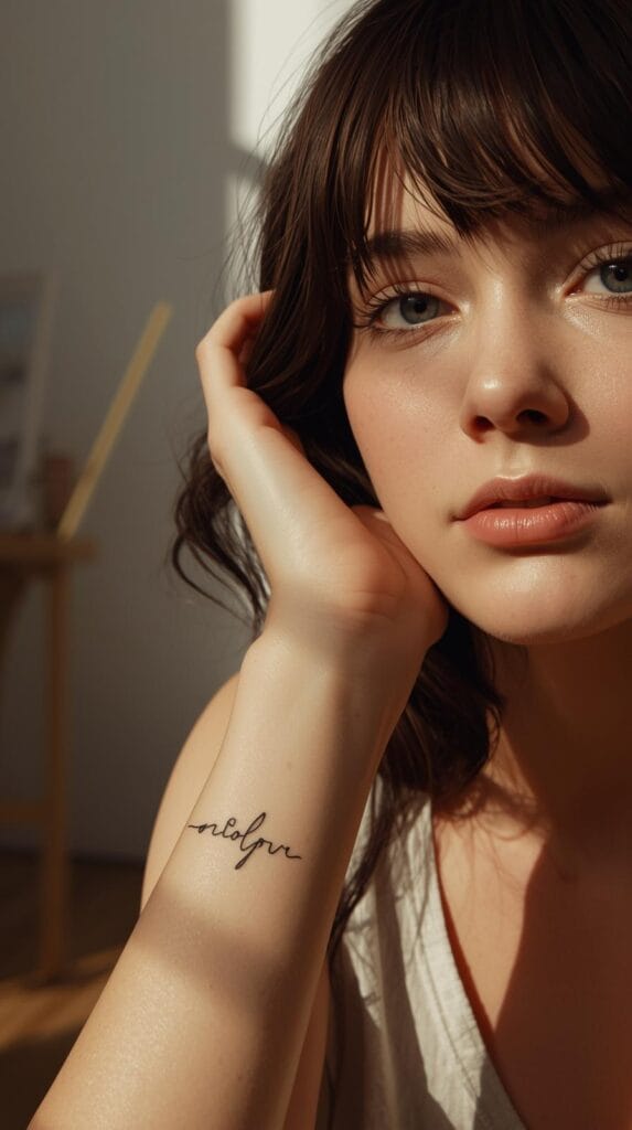 A close-up of a young person admiring a small tattoo on their wrist in natural sunlight, minimalist art studio background, realistic lighting, soft tones.