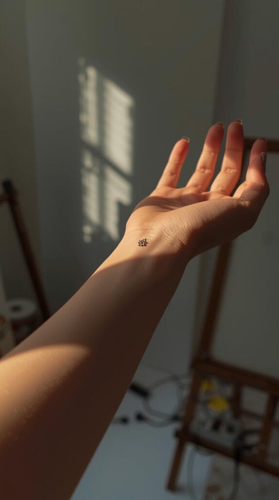 A close-up of a young person admiring a small tattoo on their wrist in natural sunlight, minimalist art studio background, realistic lighting, soft tones.