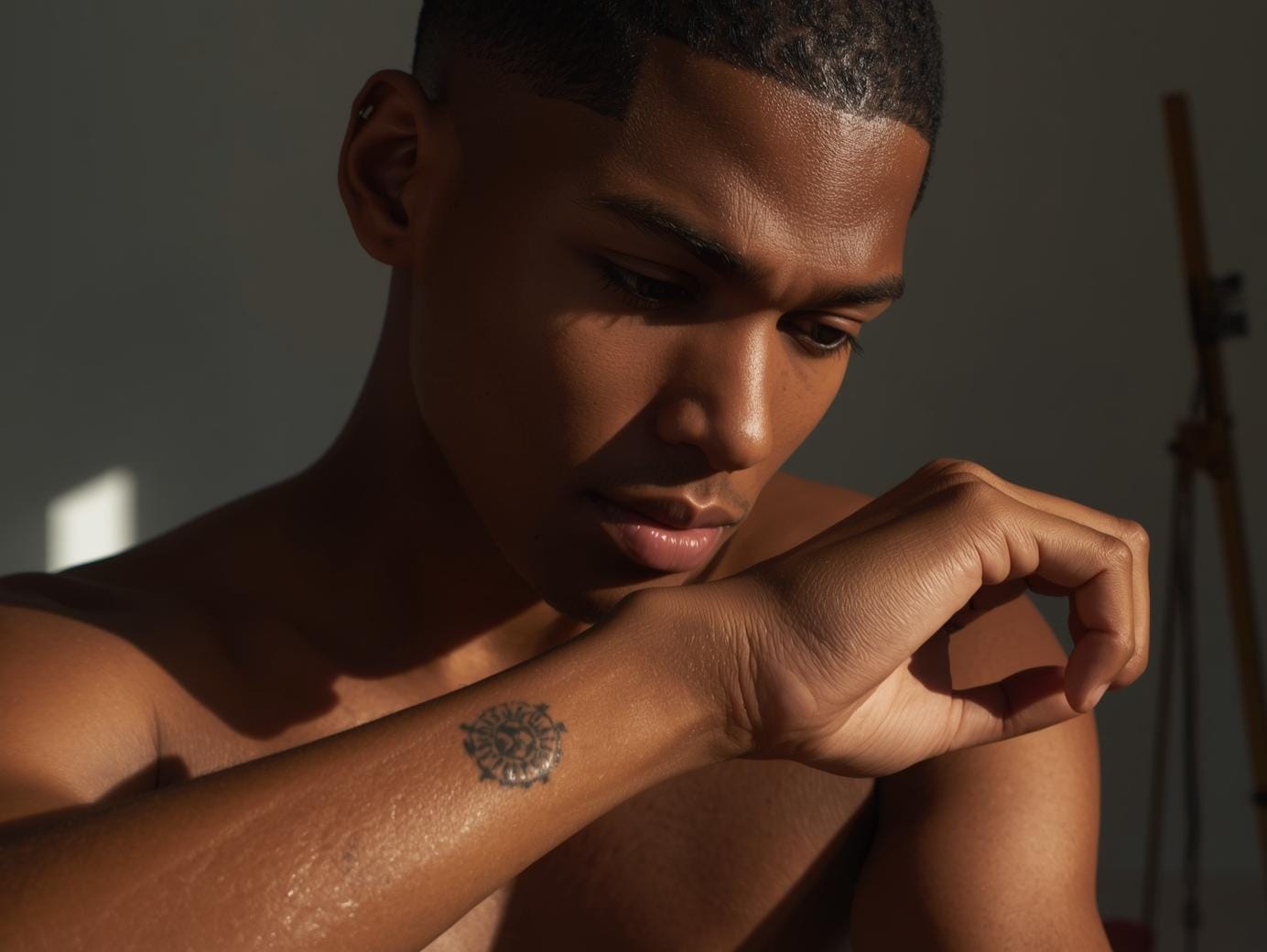 A close-up of a young person admiring a small tattoo on their wrist in natural sunlight, minimalist art studio background, realistic lighting, soft tones.