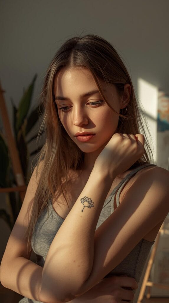 A close-up of a young person admiring a small tattoo on their wrist in natural sunlight, minimalist art studio background, realistic lighting, soft tones.