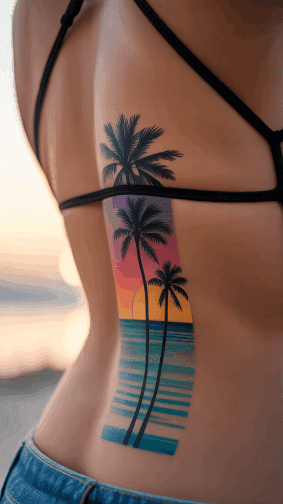Close-up of a woman’s spine tattoo featuring a vertical line of palm trees fading into a sunset gradient. Beach horizon softly blurred in the background.