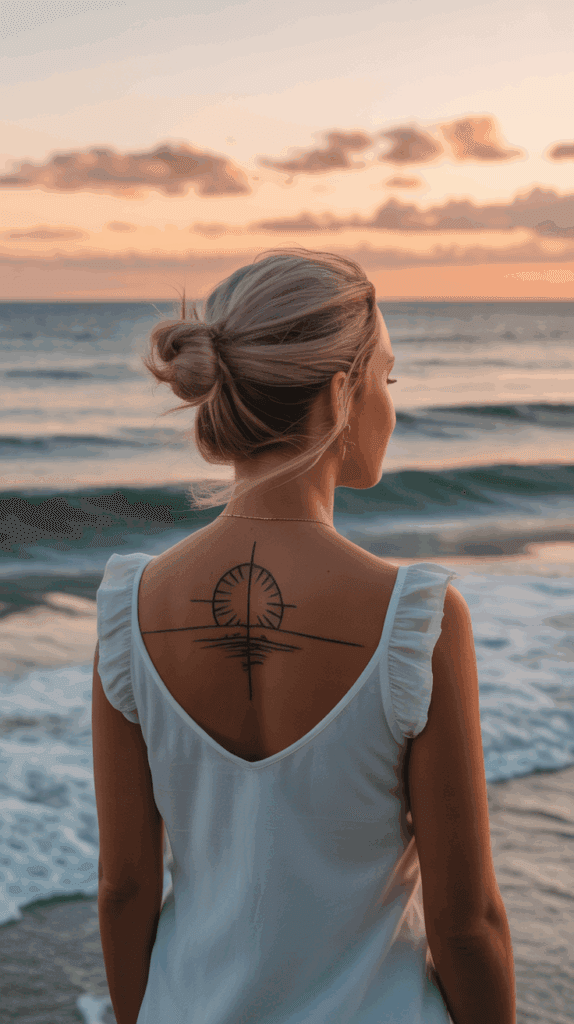 Woman gazing at the ocean, back visible with subtle beach-themed tattoo. Soft sunset colors, calm waves.