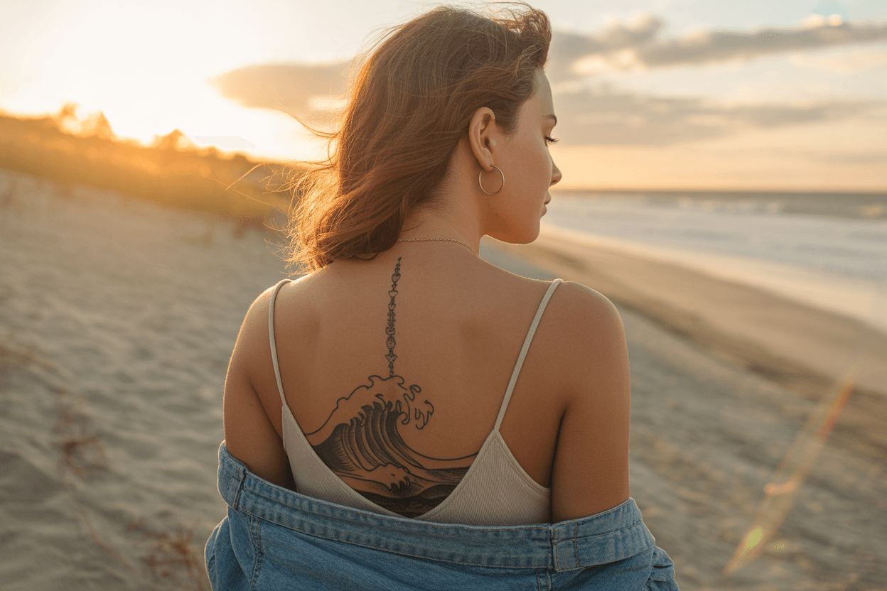 photo of a woman standing on a sandy beach at sunset, back facing camera, showing a delicate spine tattoo inspired by ocean waves. Warm golden light, soft focus, gentle breeze in her hair.
