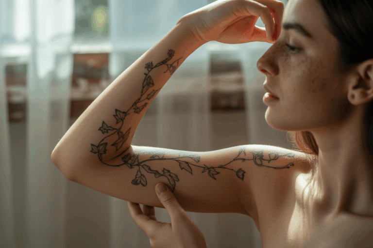 A soft, emotional photo of someone looking at their forearm or shoulder tattoo in natural light.