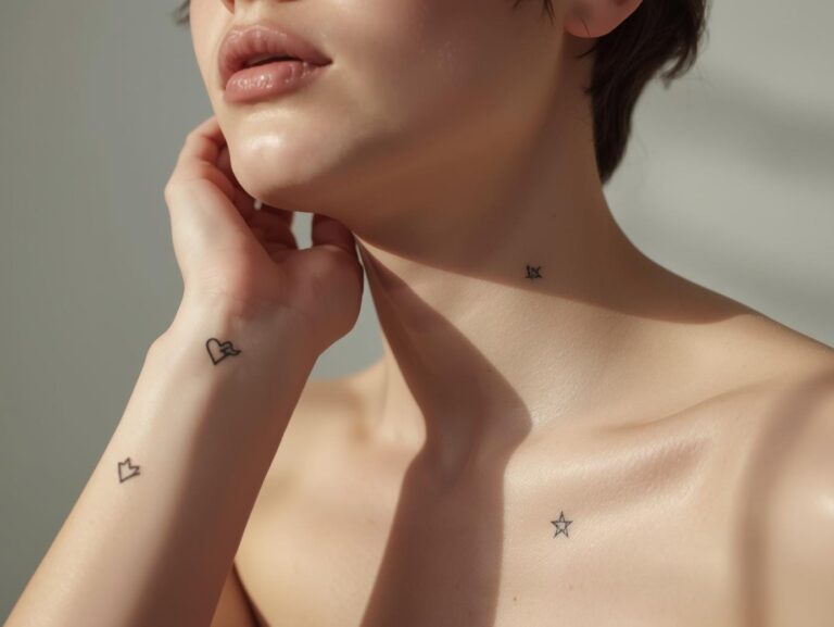 > A realistic portrait-style feature image of a young person with several small minimalist tattoos &mdash; fine-line heart, wave, and star on wrist and collarbone; soft natural lighting, clean skin, neutral background, modern and timeless aesthetic, editorial photography style.