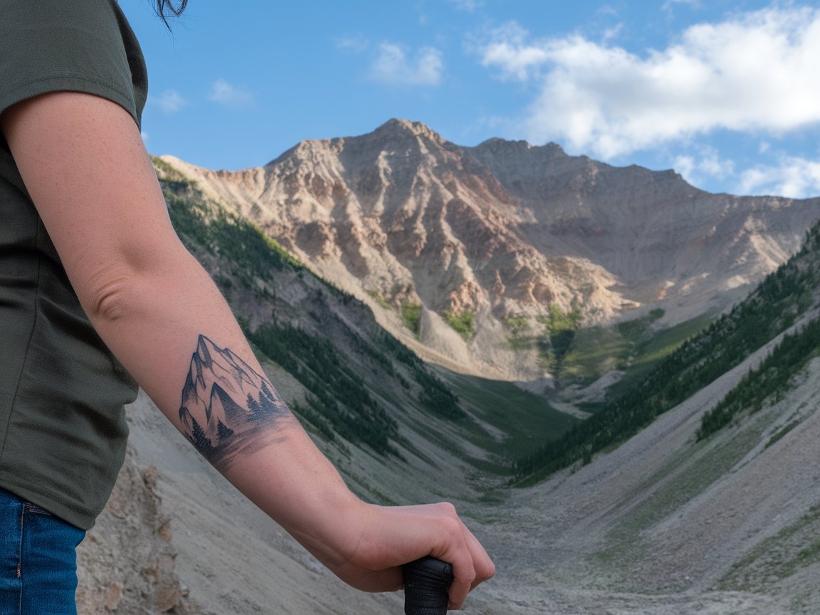 Full-color photo of a woman with a visible mountain tattoo on her forearm, set against an actual mountain backdrop