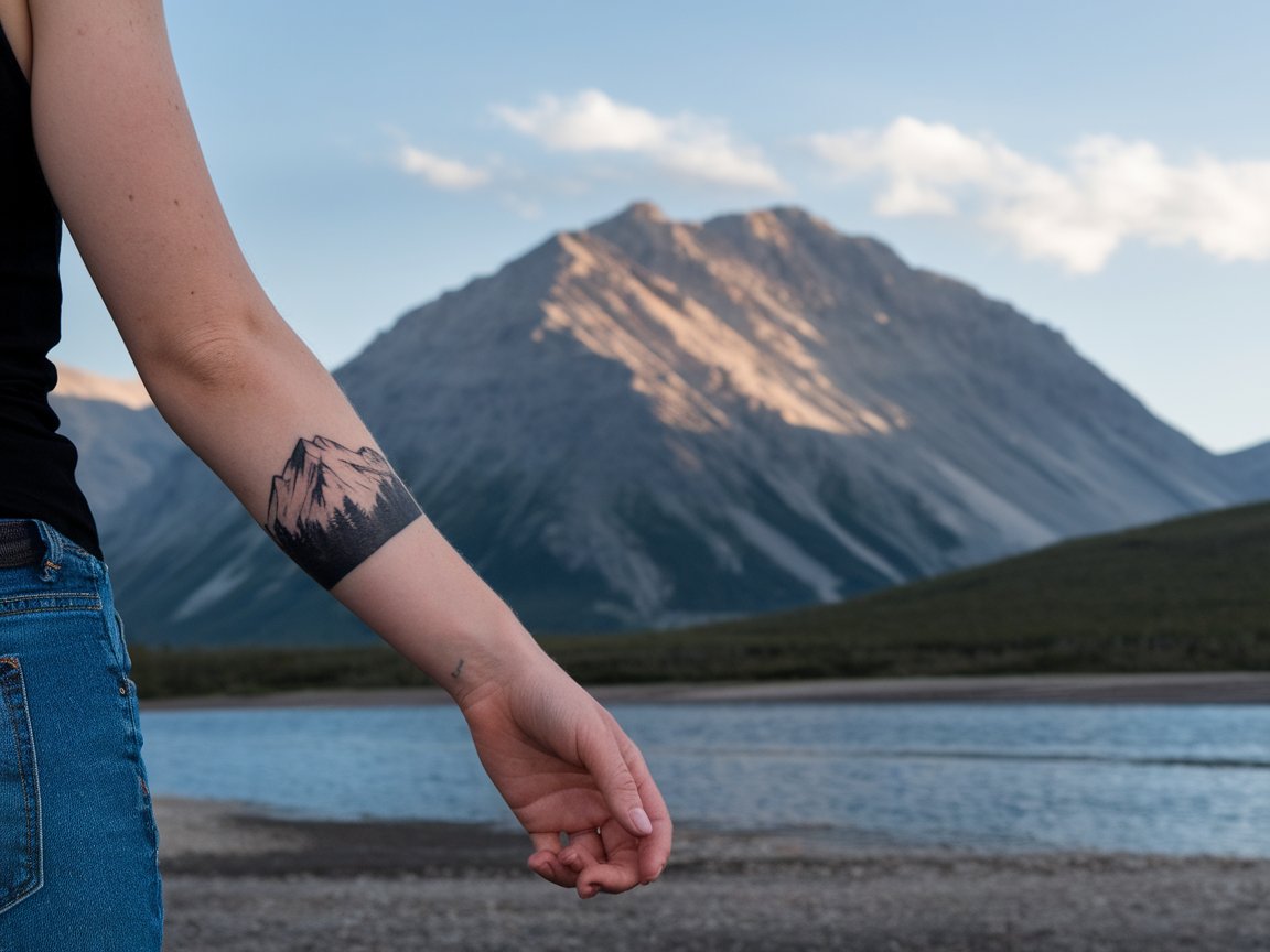 Full-color photo of a woman with a visible mountain tattoo on her forearm, set against an actual mountain backdrop