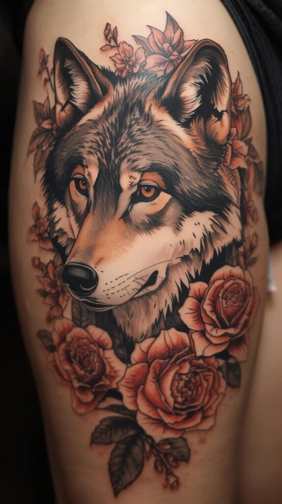 Wolf tattoo design with floral elements, realistic wolf face surrounded by blooming roses or cherry blossoms, soft shading, ink linework, feminine tattoo style, upper thigh or shoulder layout.