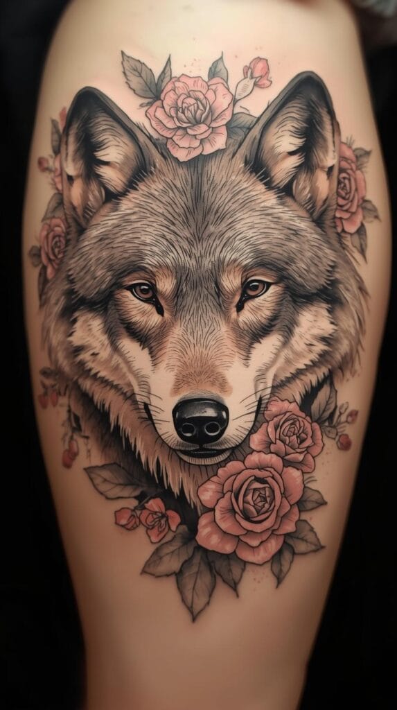 Wolf tattoo design with floral elements, realistic wolf face surrounded by blooming roses or cherry blossoms, soft shading, ink linework, feminine tattoo style, upper thigh or shoulder layout.