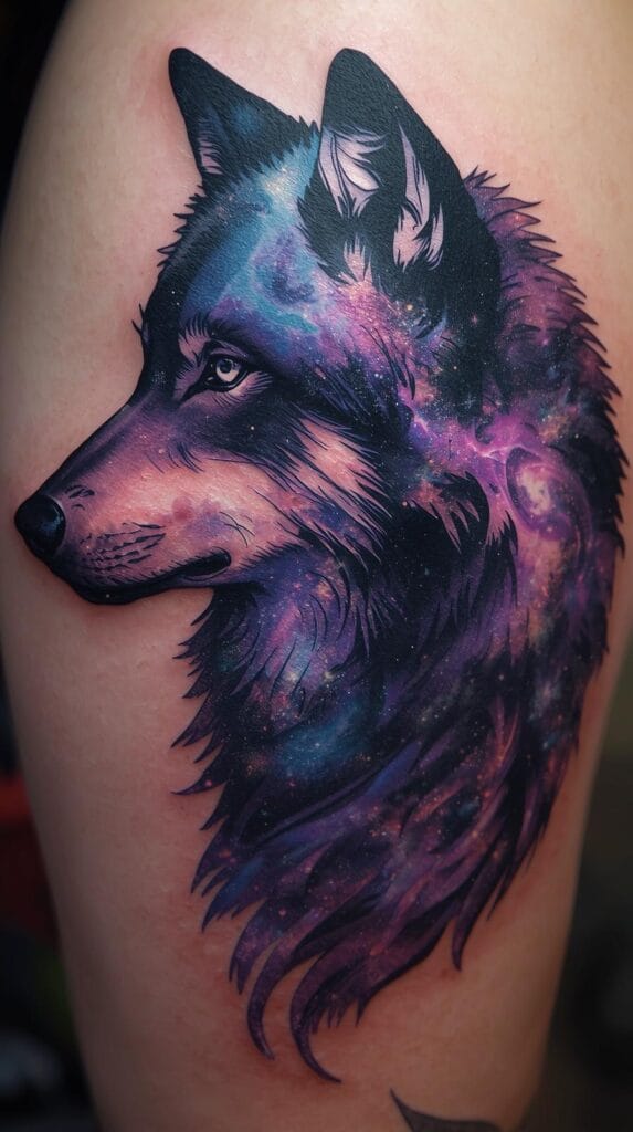 Galaxy-themed wolf tattoo, full wolf silhouette filled with stars, nebula, and cosmic sky, deep purple and blue color palette, glowing accents, tattoo design with mystical vibe.