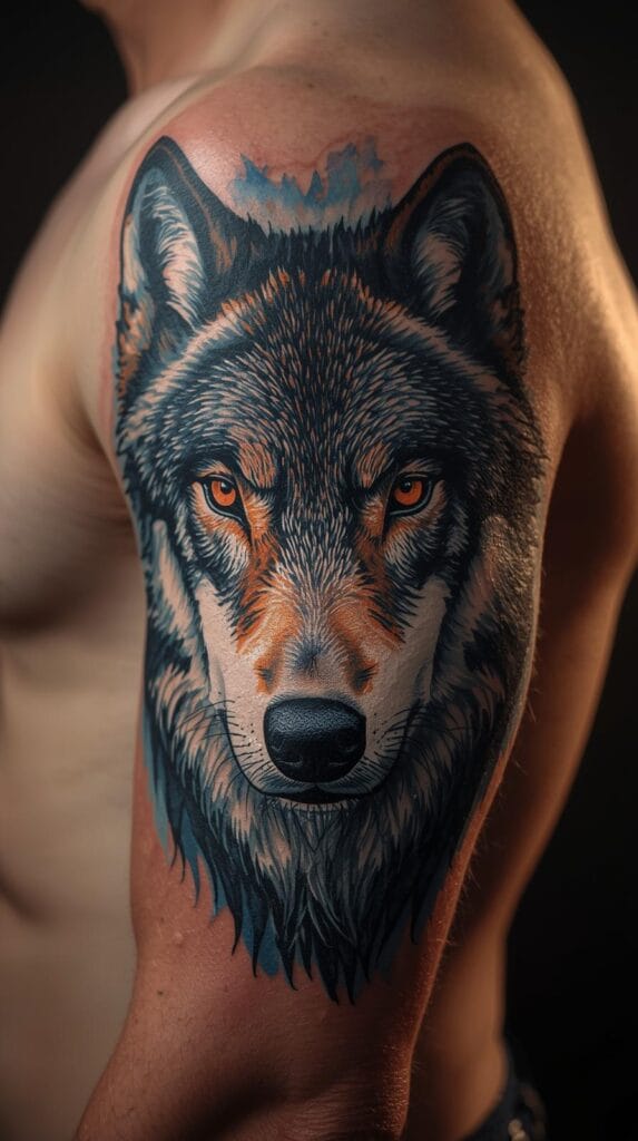 A close-up of a realistic wolf tattoo inked on a muscular forearm (or upper arm / back — choose your placement), showing the detailed fur, glowing amber eyes, and fine shading. The tattoo design blends realism and artistry with subtle watercolor accents in blues and greys. The skin has natural texture and lighting, slightly warm tones, with studio-style lighting highlighting the tattoo contours. Background softly blurred to focus on the tattooed area.