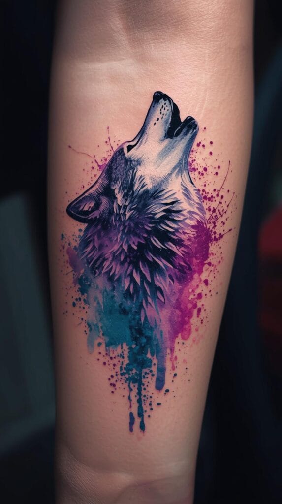 Watercolor wolf tattoo design, vibrant splashes of purple, blue, and pink, semi-transparent paint style, howling wolf, flowing brushstroke effect, no hard outlines.