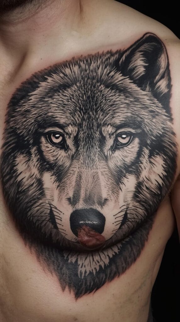 Hyper-realistic black and grey wolf tattoo, close-up wolf face, intense eyes, high detail fur, realistic shading, tattoo design, shoulder or chest layout, no background.