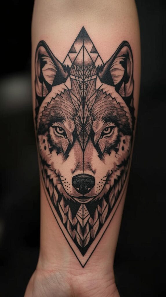 Geometric wolf tattoo, half-face wolf with clean black line geometry on one side, realistic shading on the other, symmetrical lines, triangle patterns, forearm tattoo layout.