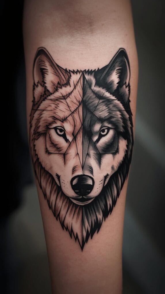Geometric wolf tattoo, half-face wolf with clean black line geometry on one side, realistic shading on the other, symmetrical lines, triangle patterns, forearm tattoo layout.