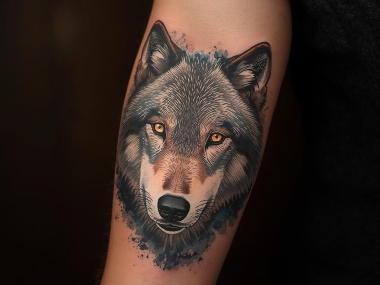 A close-up of a realistic wolf tattoo inked on a muscular forearm (or upper arm / back — choose your placement), showing the detailed fur, glowing amber eyes, and fine shading. The tattoo design blends realism and artistry with subtle watercolor accents in blues and greys. The skin has natural texture and lighting, slightly warm tones, with studio-style lighting highlighting the tattoo contours. Background softly blurred to focus on the tattooed area.
