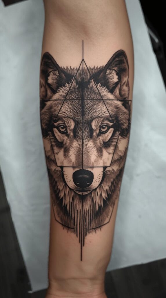 Geometric wolf tattoo, half-face wolf with clean black line geometry on one side, realistic shading on the other, symmetrical lines, triangle patterns, forearm tattoo layout.