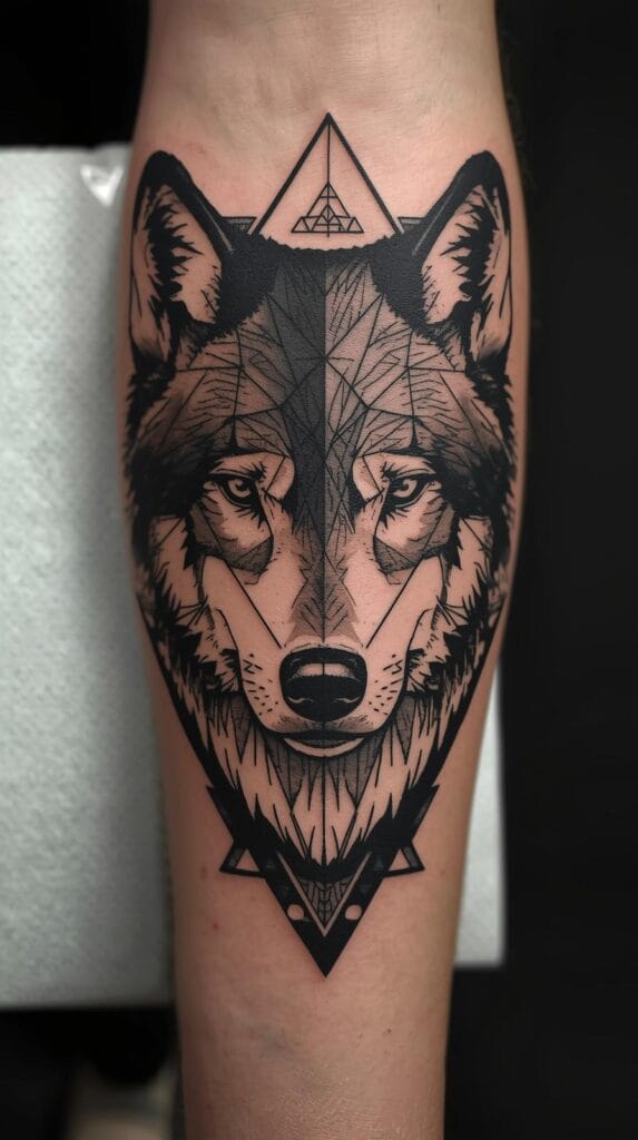 Geometric wolf tattoo, half-face wolf with clean black line geometry on one side, realistic shading on the other, symmetrical lines, triangle patterns, forearm tattoo layout.