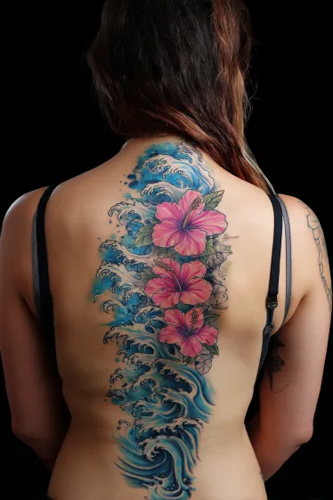 Dynamic Japanese Wave Spine Tattoo Beach Spine Tattoos