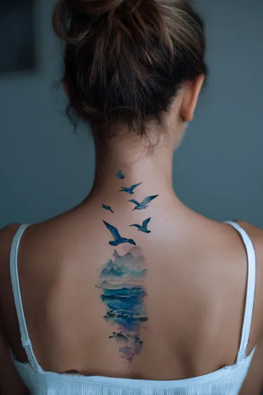 Playful Seahorse Garden Spine Tattoo Beach Spine Tattoos