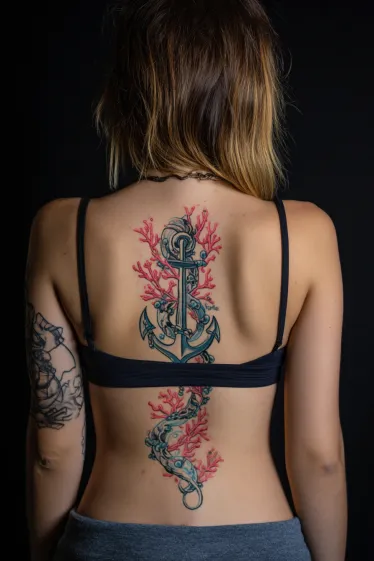 Vibrant Coral Reef Spine Tattoo Beach Spine Tattoos