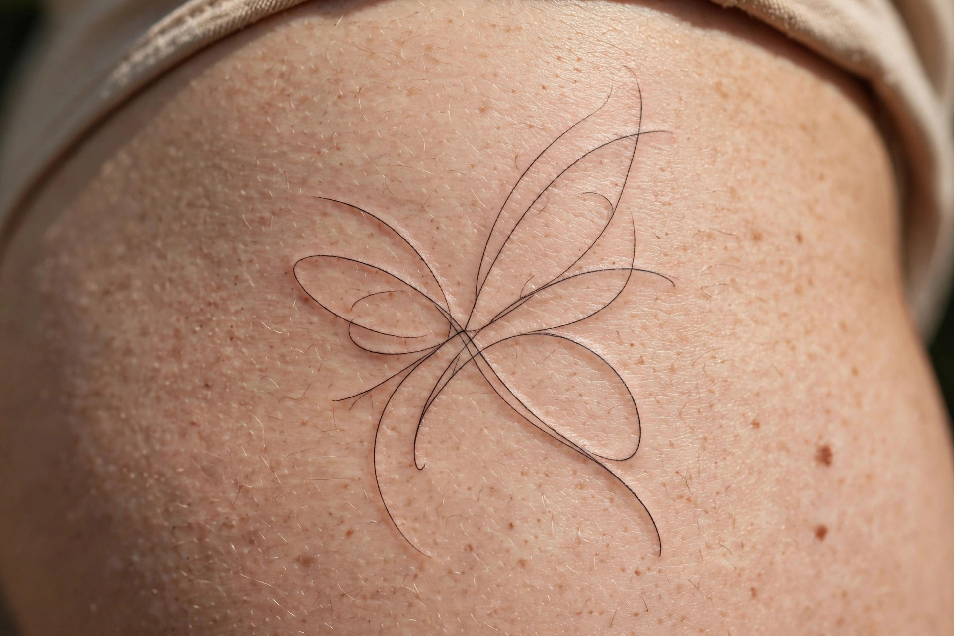 Abstract minimalist butterfly hip tattoo, flowing linework