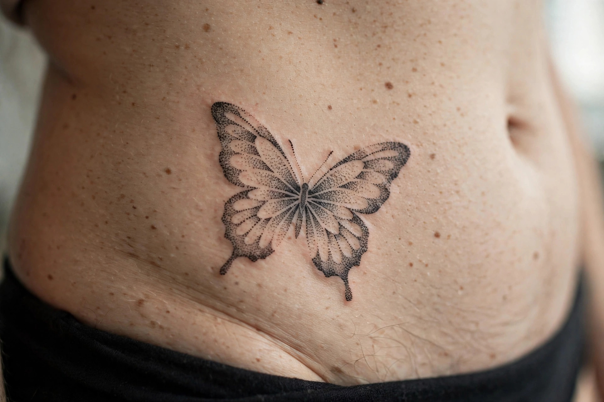 Dotwork butterfly waist tattoo, fine stippled minimalist ink