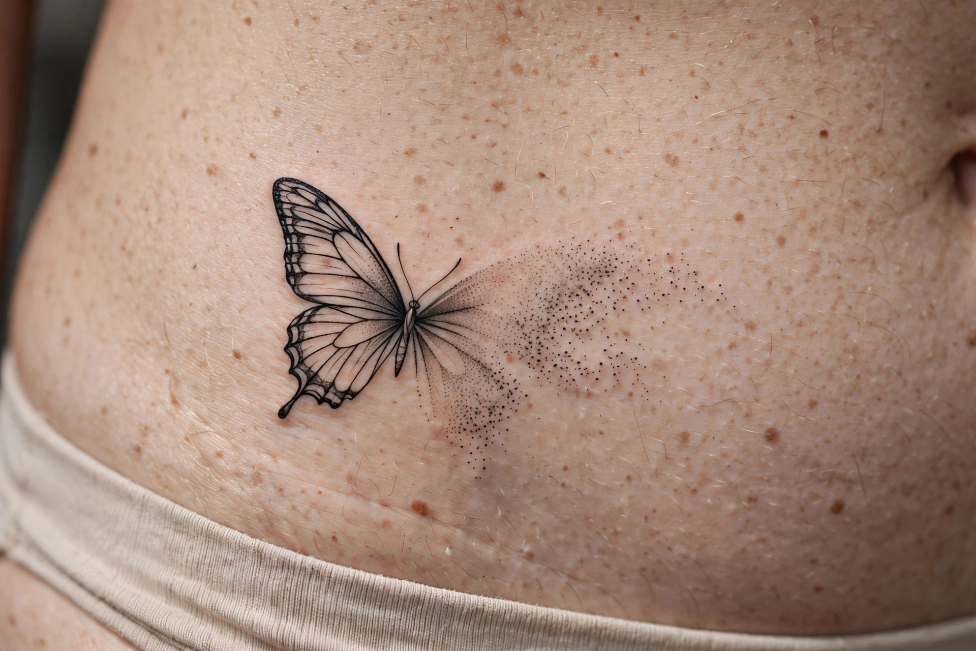 Minimalist fading-wing butterfly tattoo on the waist
