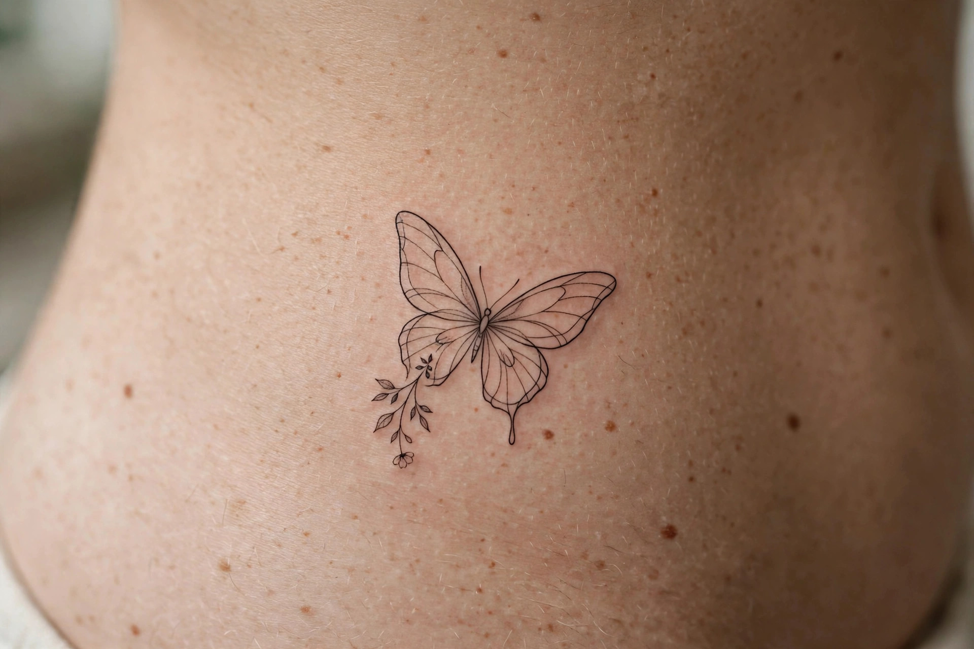 Fine-line butterfly tattoo with small floral accent on waist