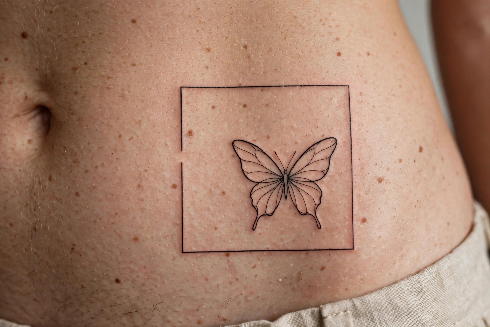 Framed minimalist butterfly waist tattoo, open line border