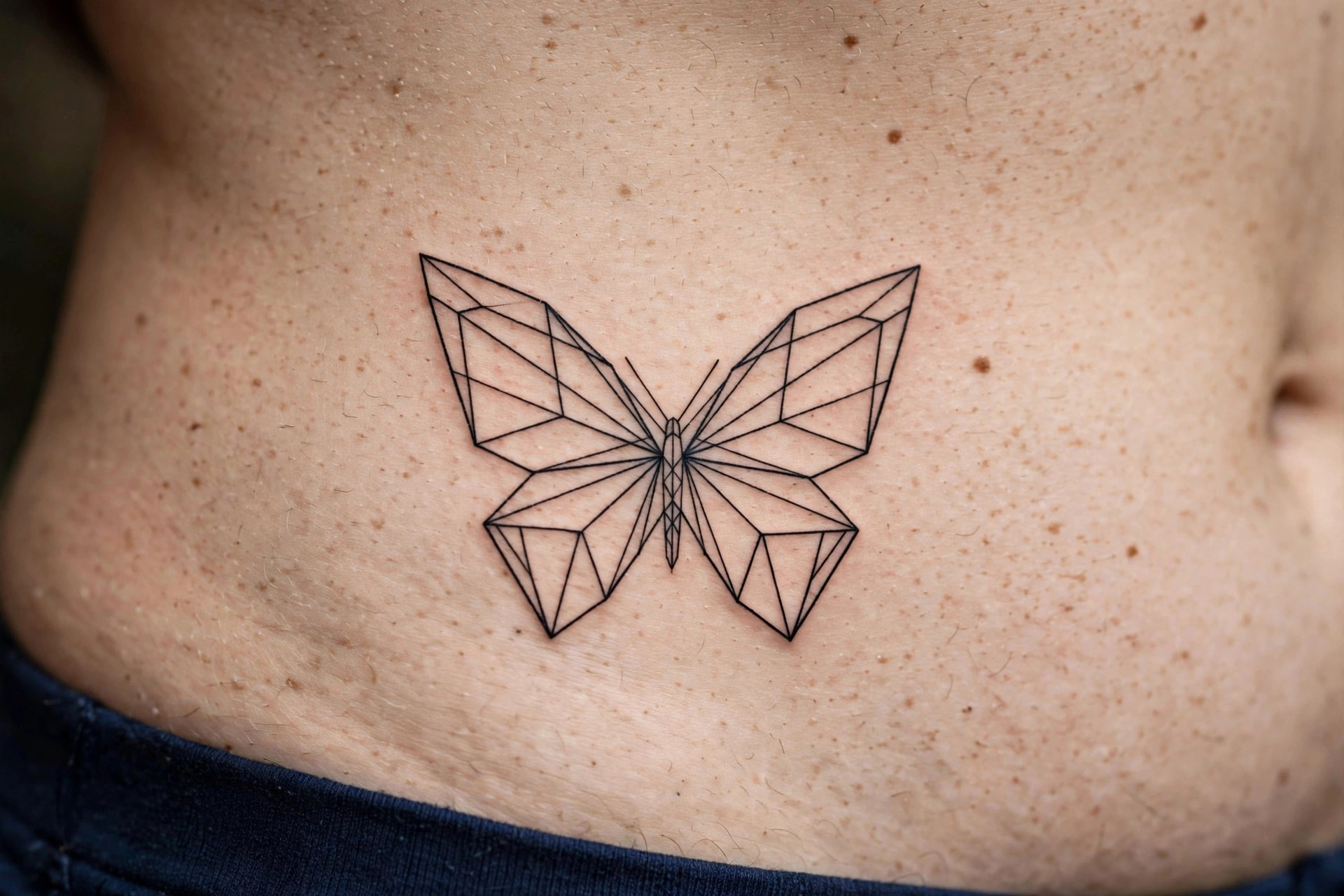 Geometric minimalist butterfly tattoo on the side waist