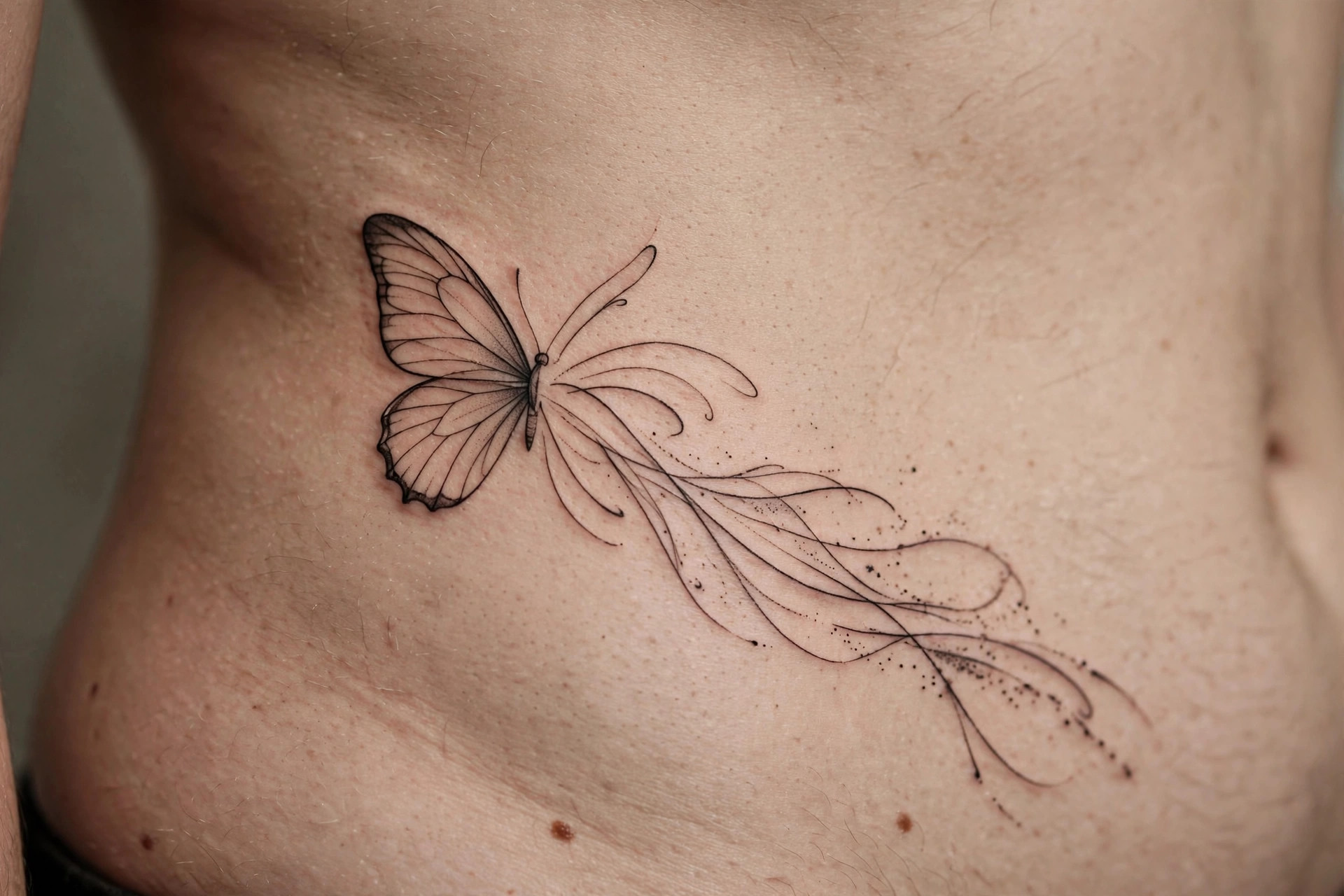 Half butterfly tattoo with abstract linework on the side waist