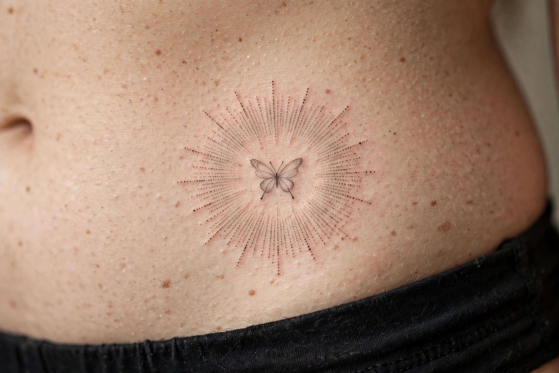 Butterfly waist tattoo with halo of fine dots, minimalist