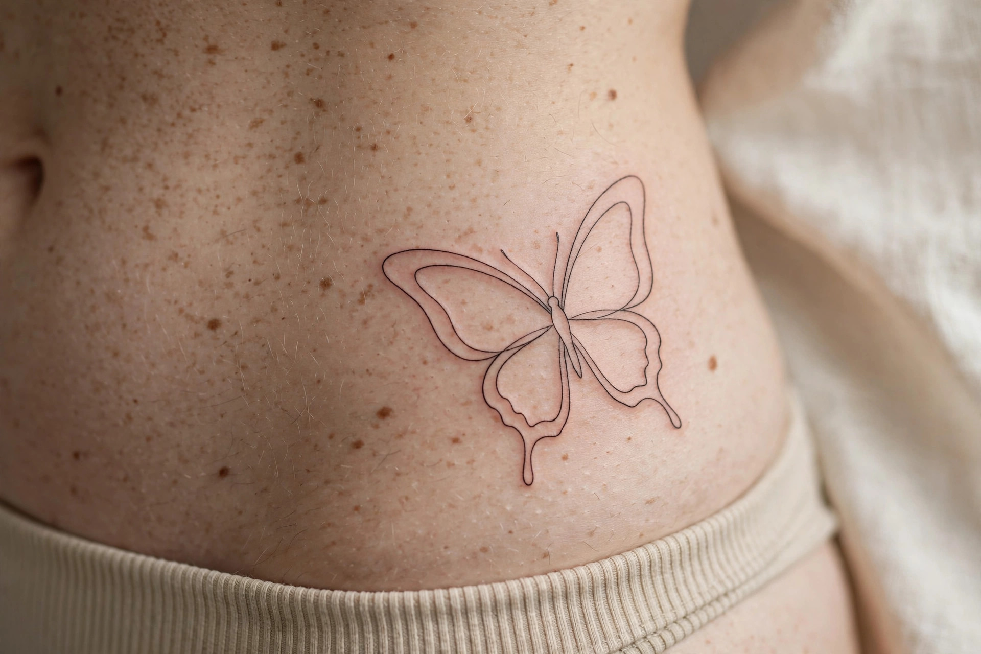 Negative space butterfly waist tattoo, fine-line minimalist