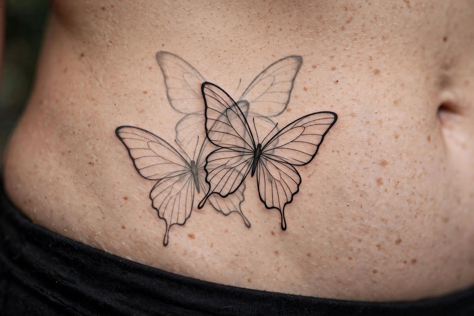 Overlapping double butterfly waist tattoo, minimalist linework