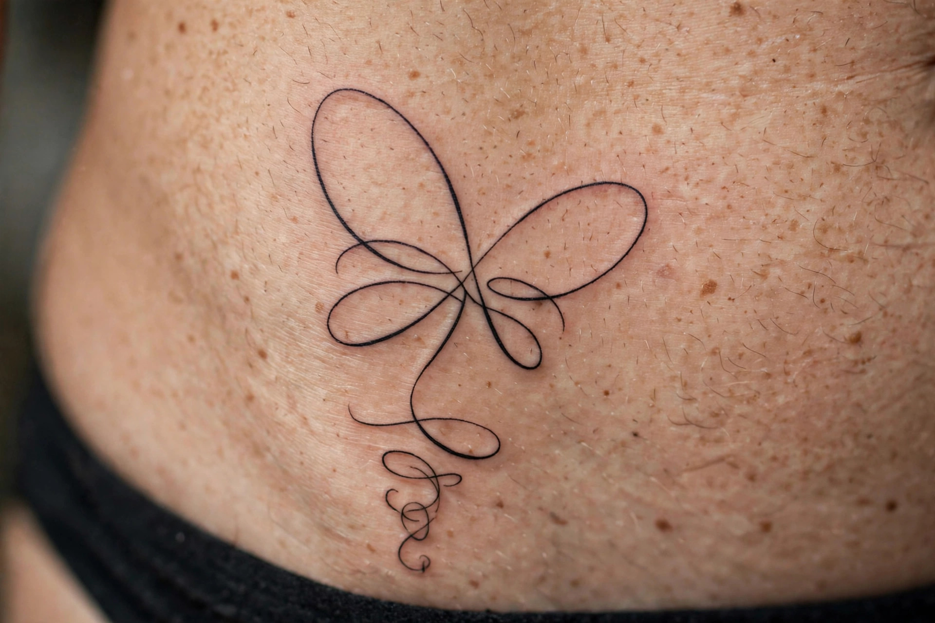 Ribbon-line butterfly waist tattoo, single flowing stroke