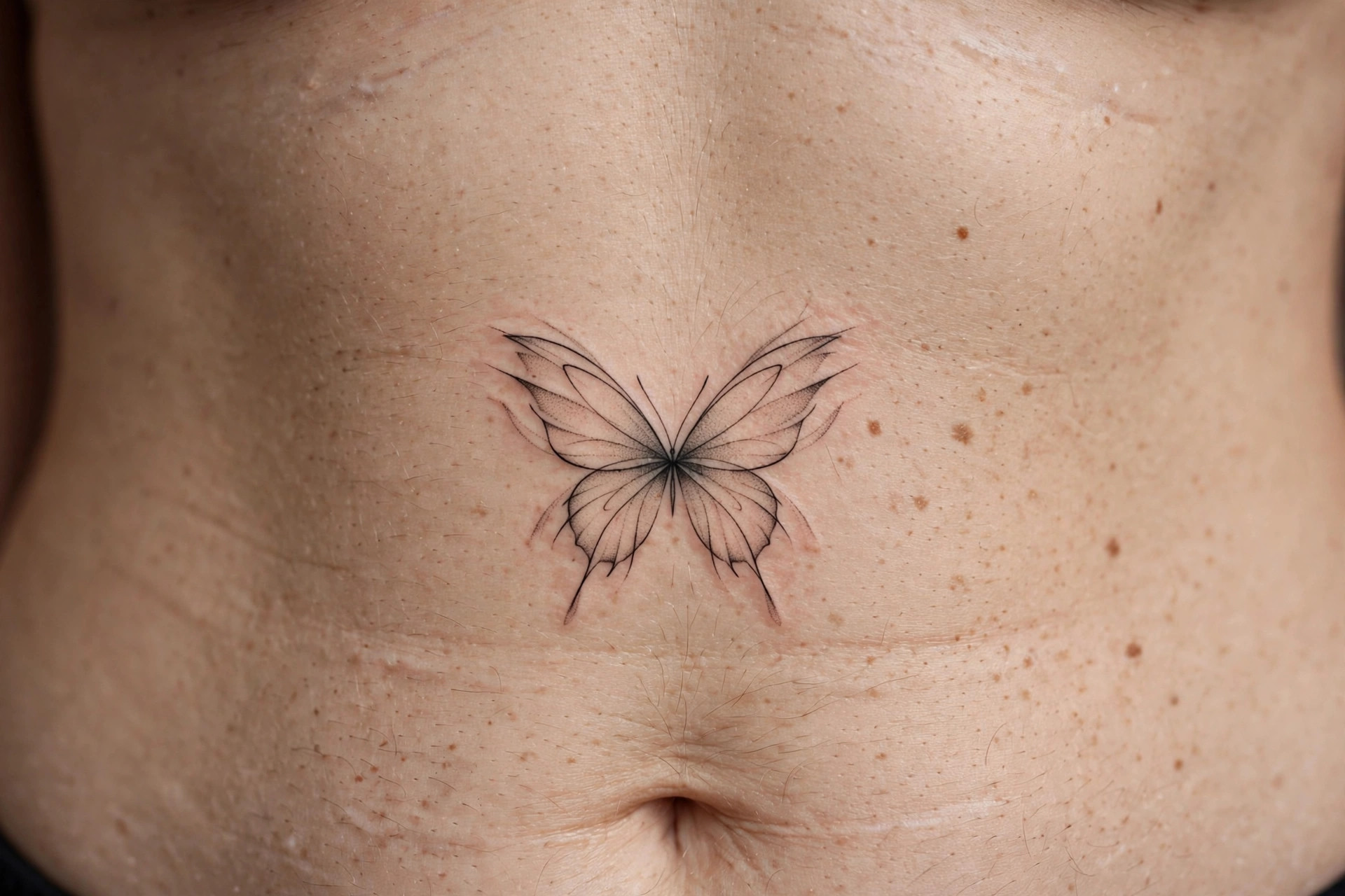 Lightly shaded butterfly silhouette waist tattoo, minimalist